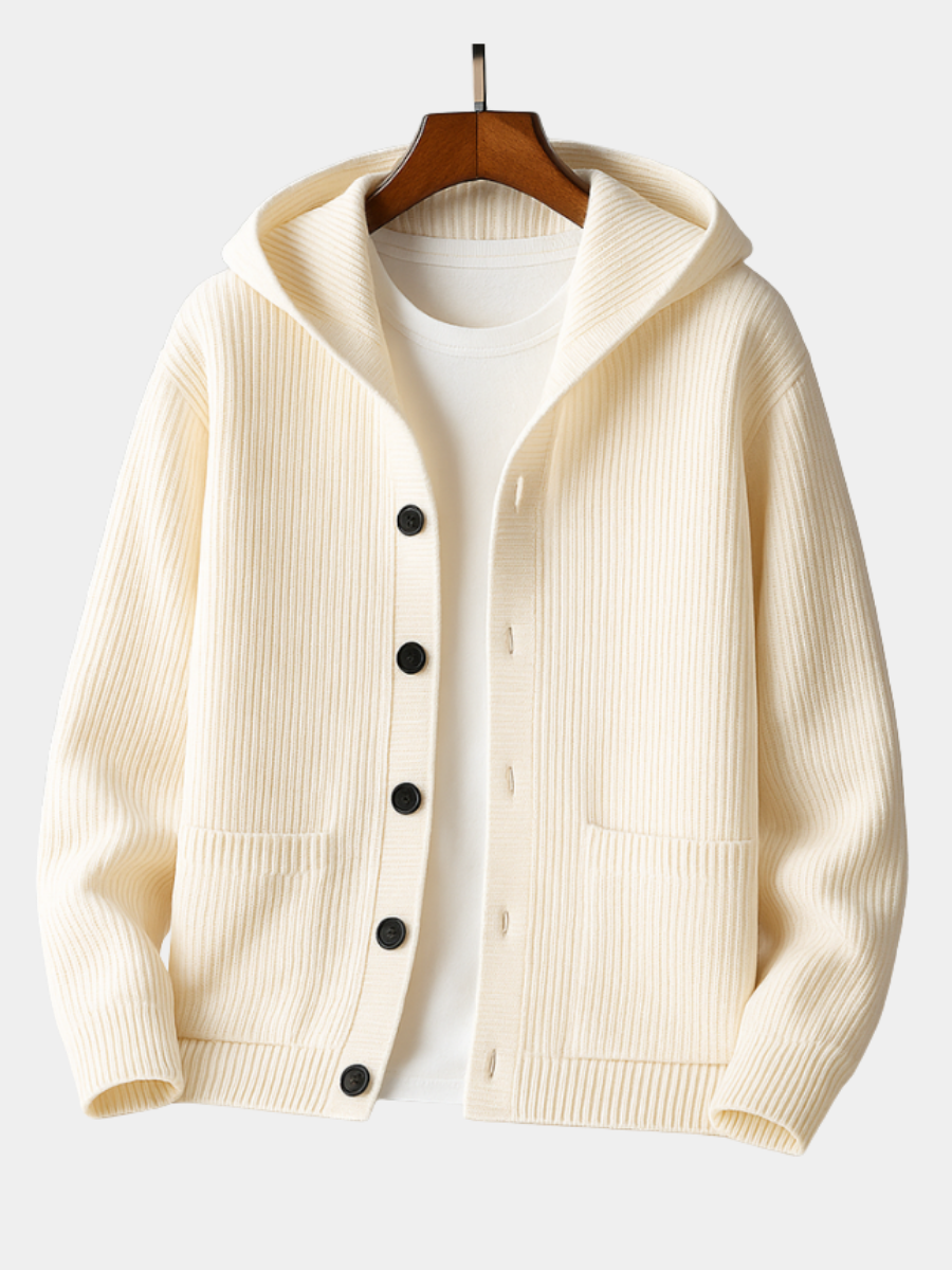 Max / Men’s Wool Knit Cardigan with Hood and Button Closure