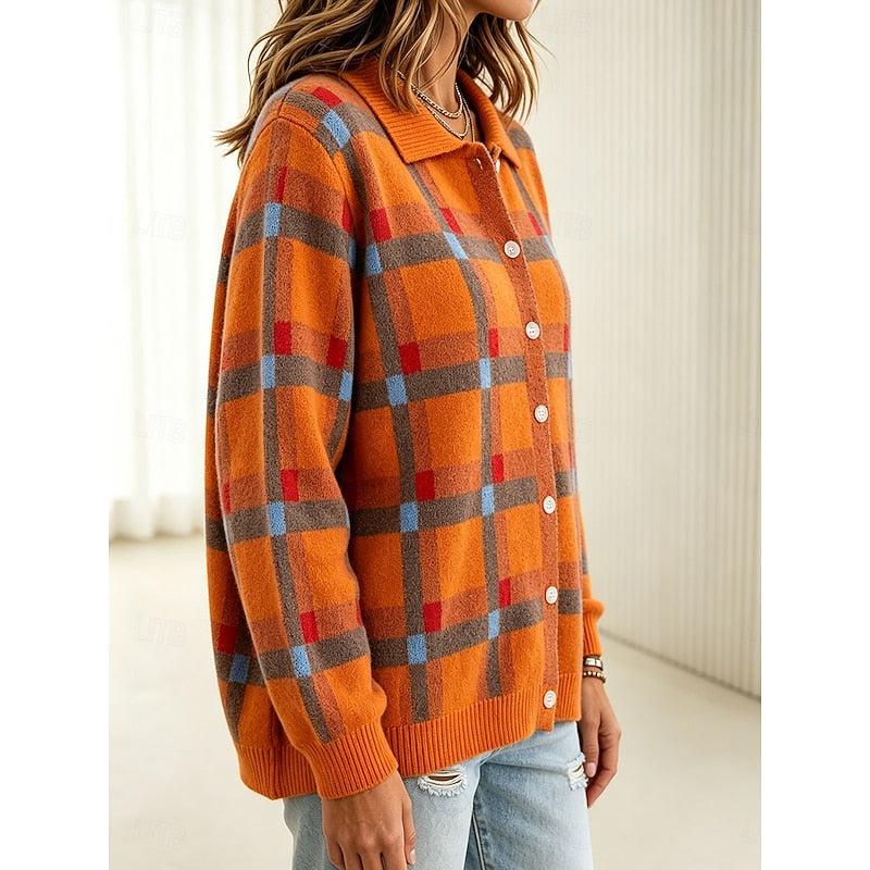 Loretta | Women's Checked Collared Button-Front Cardigan
