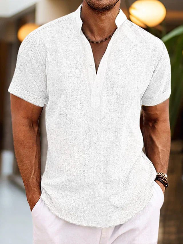 Henley Shirt in Cotton-Linen with Short Sleeves