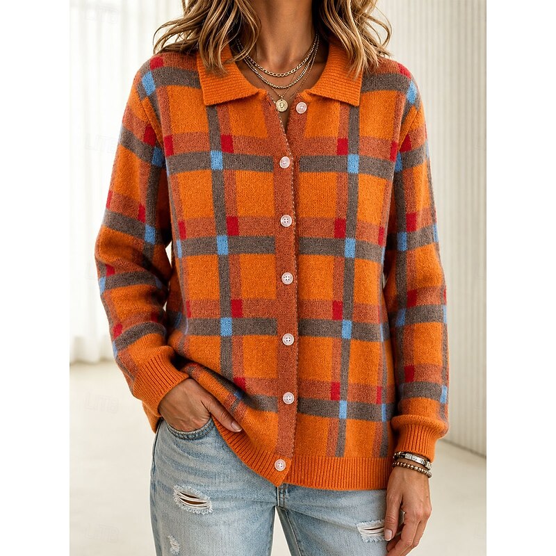 Loretta | Women's Checked Collared Button-Front Cardigan