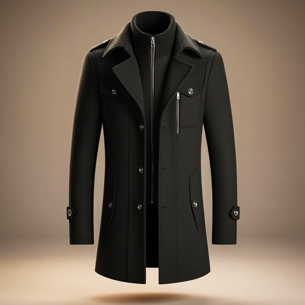 Beresford | Men's Single-Breasted Mid-Length Overcoat with Notch Lapels and Inner Collar Layer