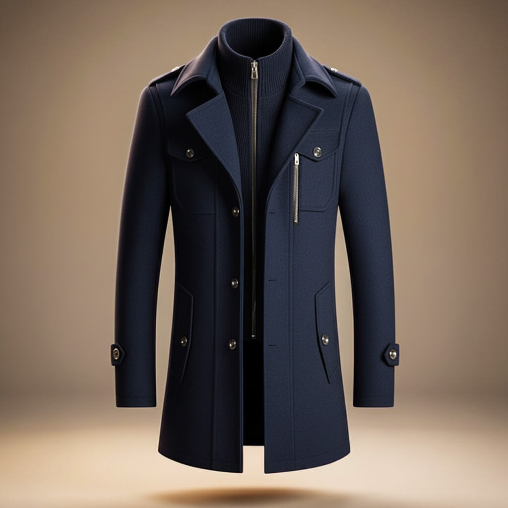Beresford | Men's Single-Breasted Mid-Length Overcoat with Notch Lapels and Inner Collar Layer