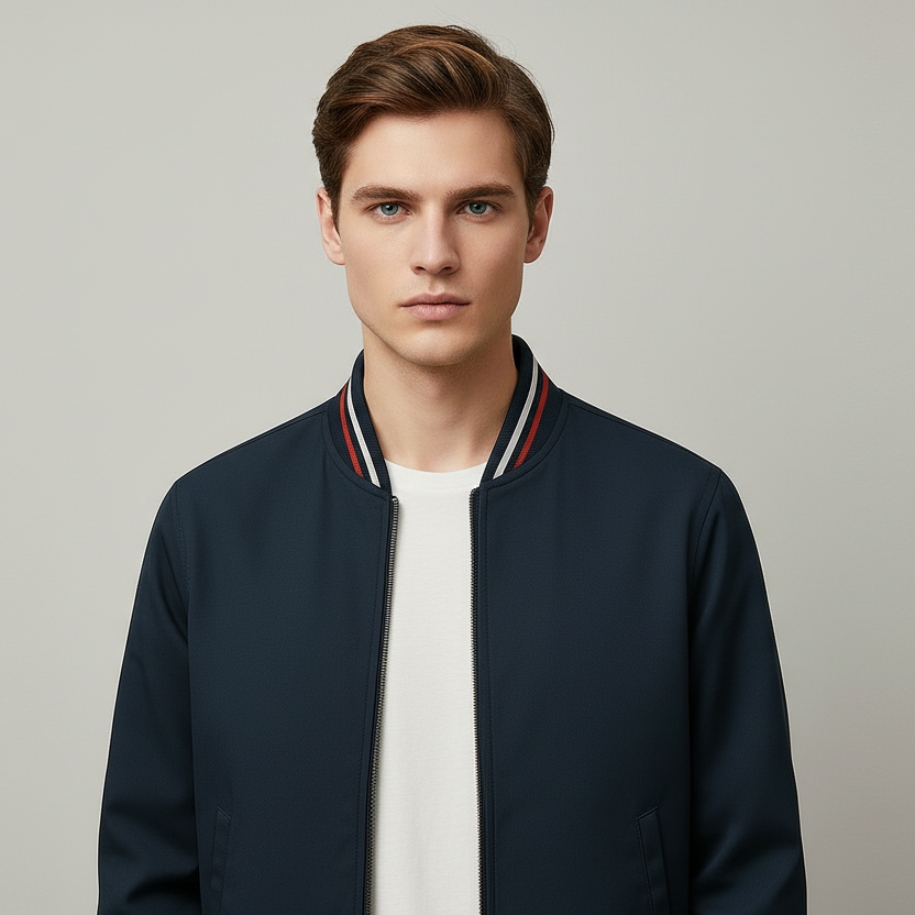 Bomber Jacket with Zip and Ribbed Collar