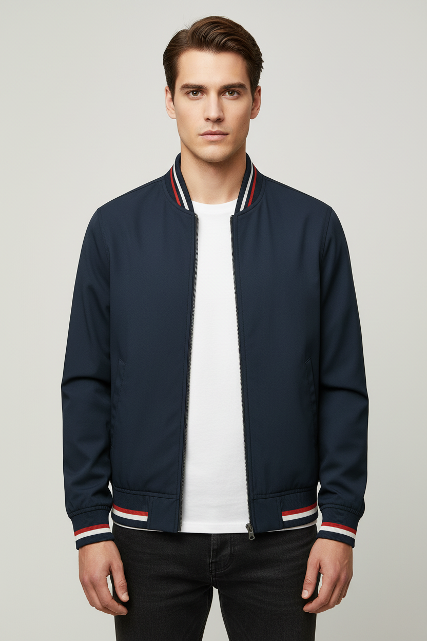 Bomber Jacket with Zip and Ribbed Collar