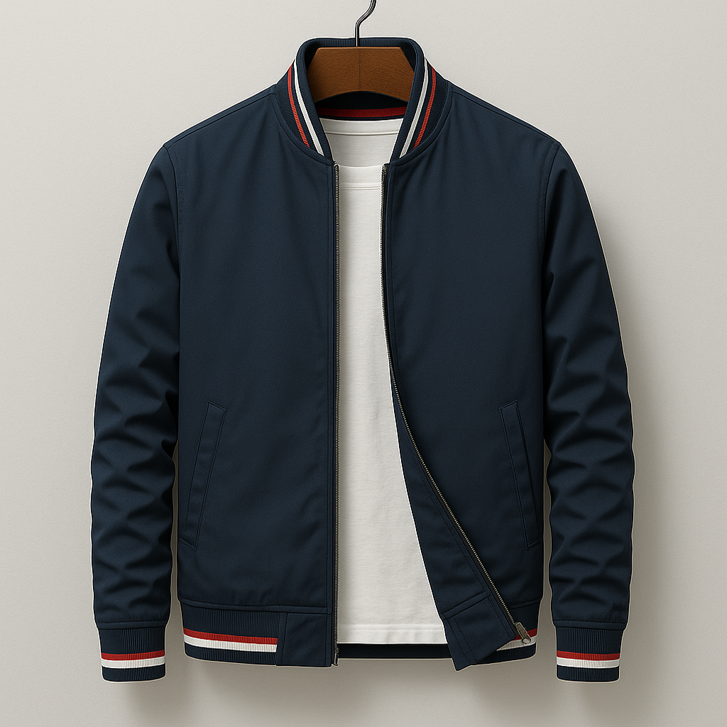 Men’s Zip Bomber Jacket With Ribbed Collar And Front Pockets