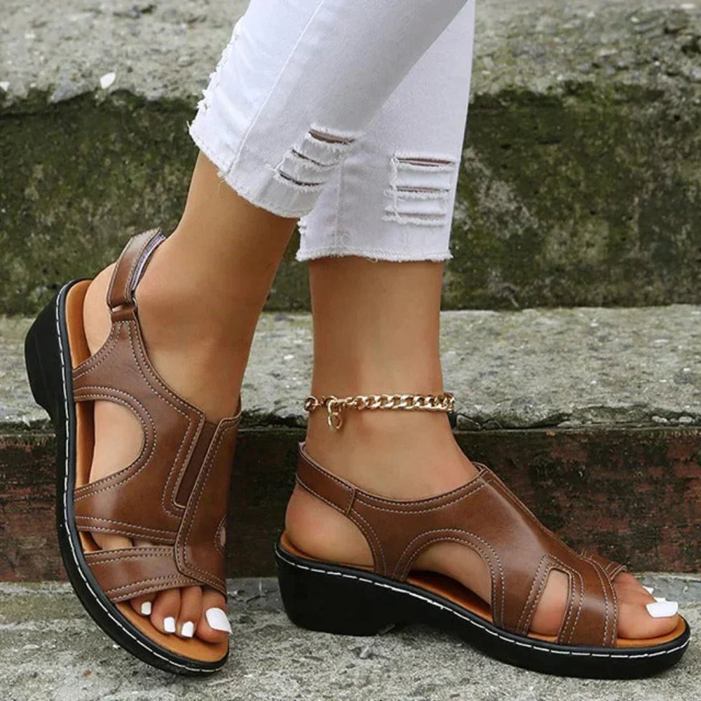 Open Toe Ankle Strap Sandals Women Faux Leather Orthopedic Wedge