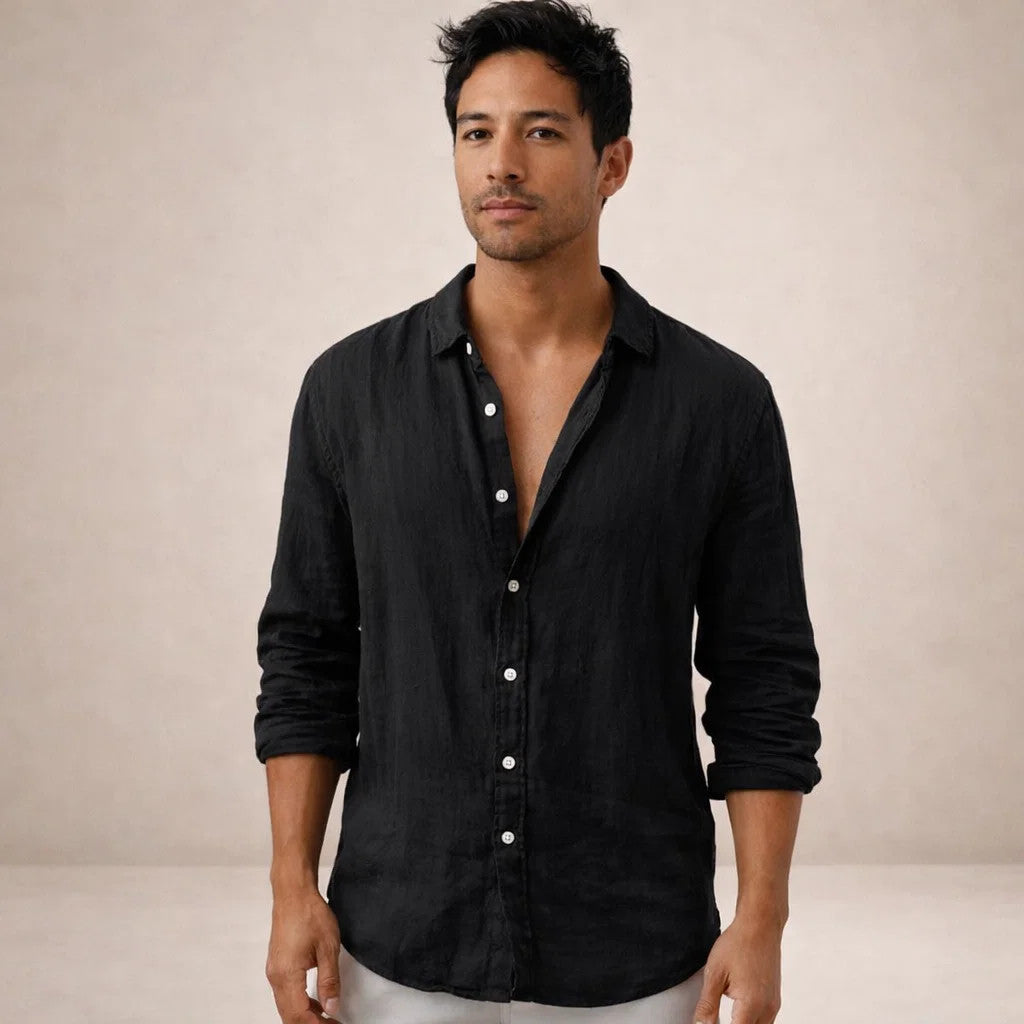 Casual Linen Shirt Men Linen Long Sleeve Open Collar Button Up Straight Fit