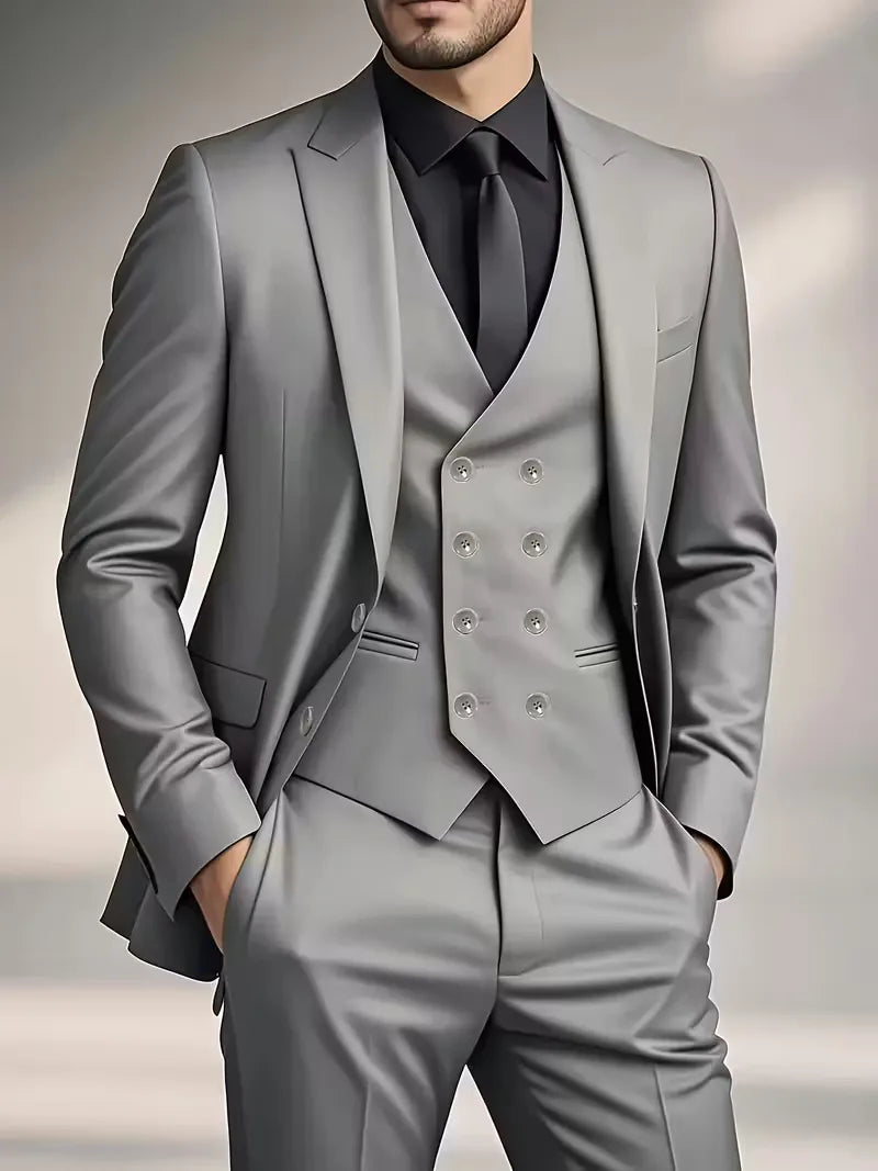 Men's Three Piece Suit Woven Fabric Peak Lapel Double Breasted Waistcoat