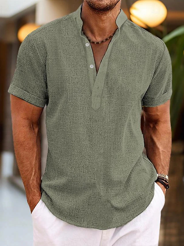 Henley Shirt in Cotton-Linen with Short Sleeves