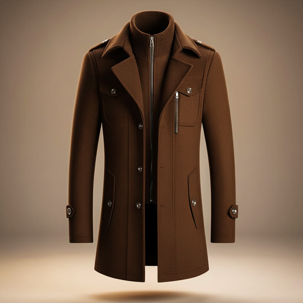 Beresford | Men's Single-Breasted Mid-Length Overcoat with Notch Lapels and Inner Collar Layer