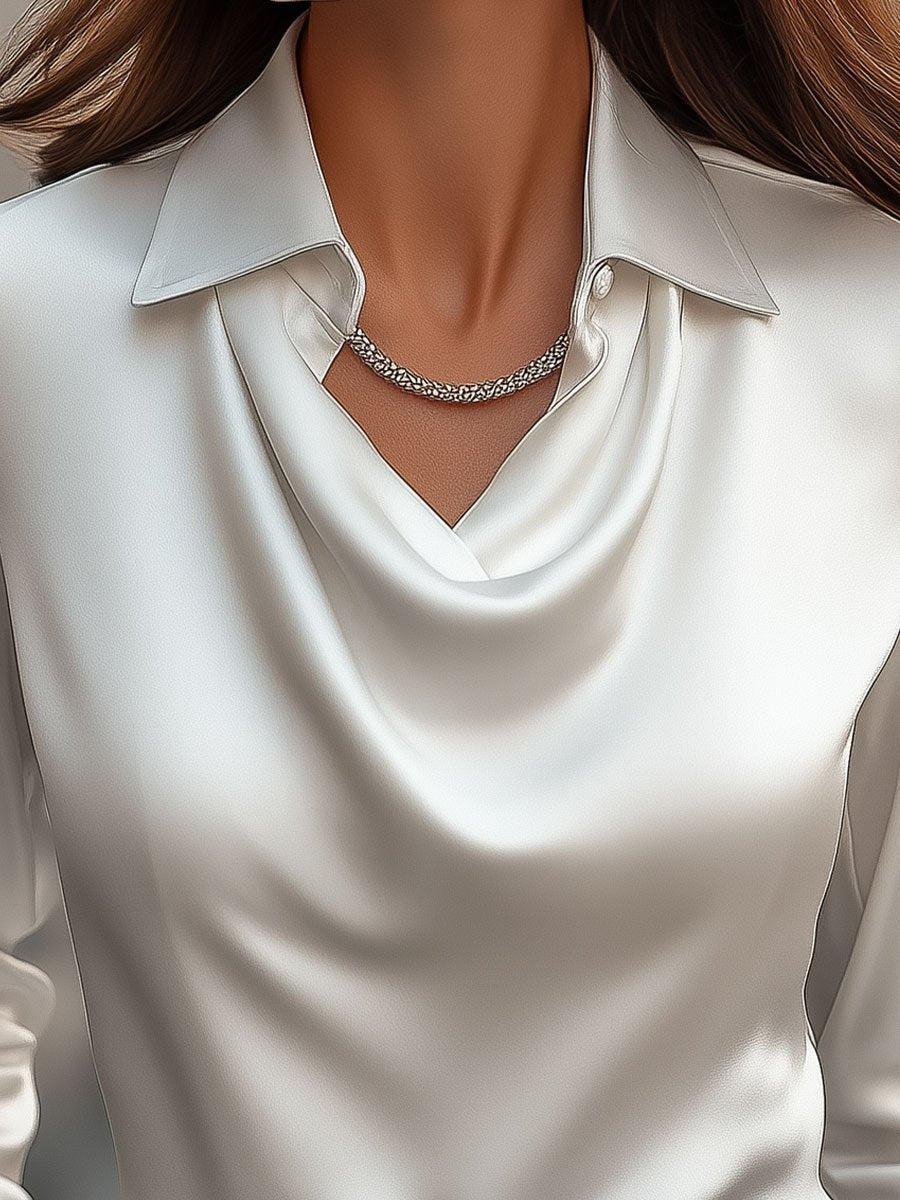 Blouse Women's Satin Fabric Draped Neckline