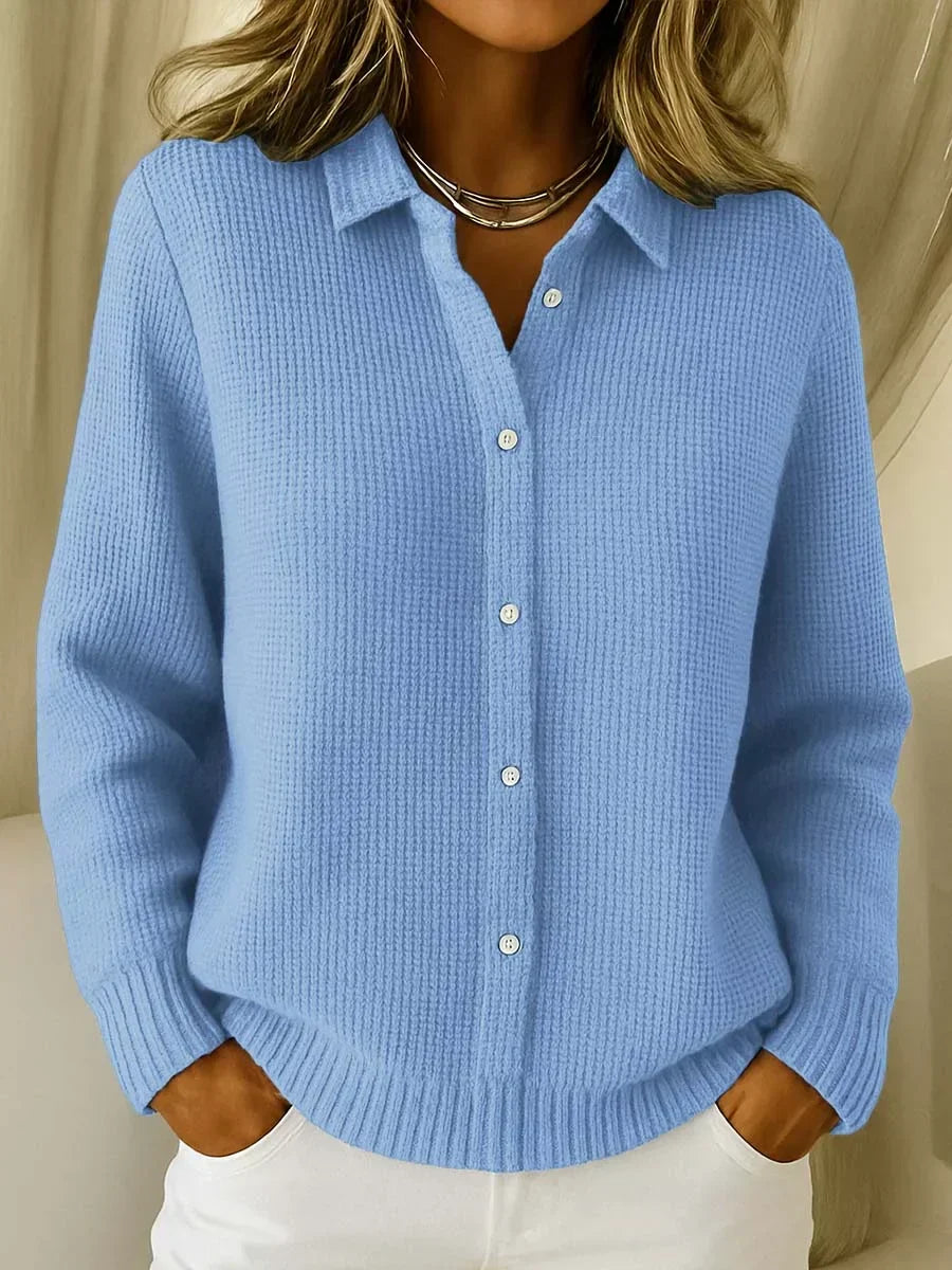 Women’s Collared Button-Front Cardigan with Textured Knit and Ribbed Trims