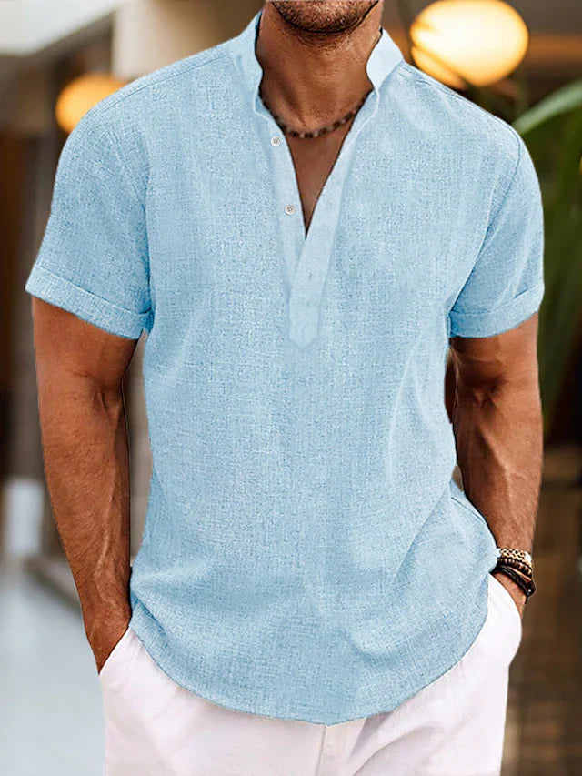 Henley Shirt in Cotton-Linen with Short Sleeves