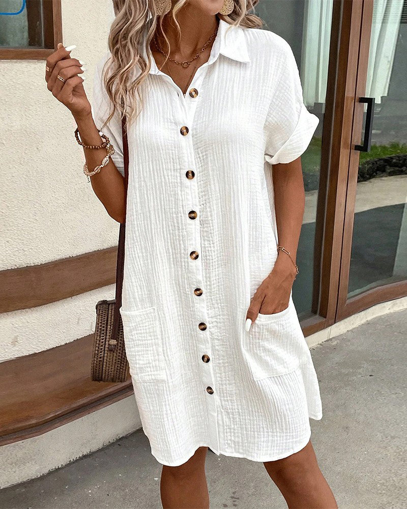 Women's Shirt Dress Woven Fabric Button Front Pocket