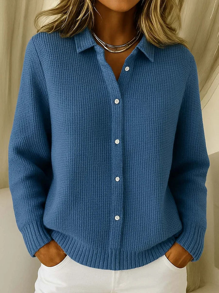 Women’s Collared Button-Front Cardigan with Textured Knit and Ribbed Trims