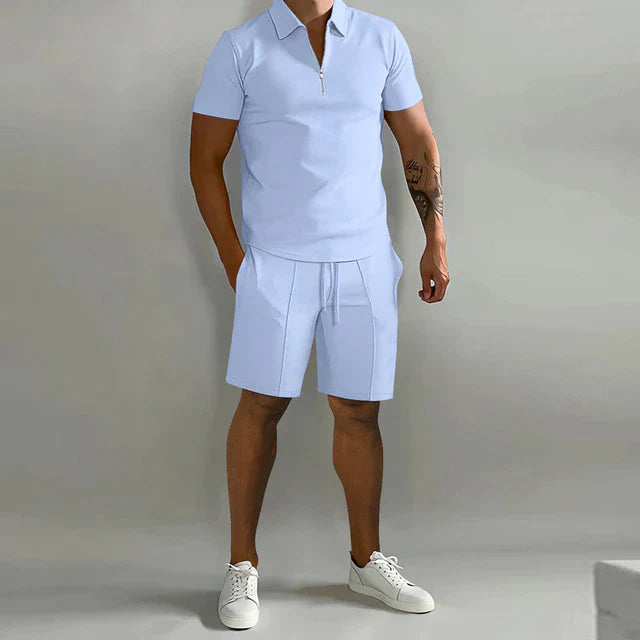 Men's Polo Short Set Stretch Fabric Zip Placket Drawstring Two Piece