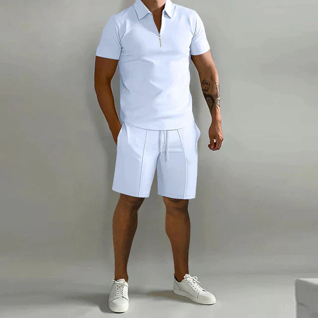 Men's Polo Short Set Stretch Fabric Zip Placket Drawstring Two Piece