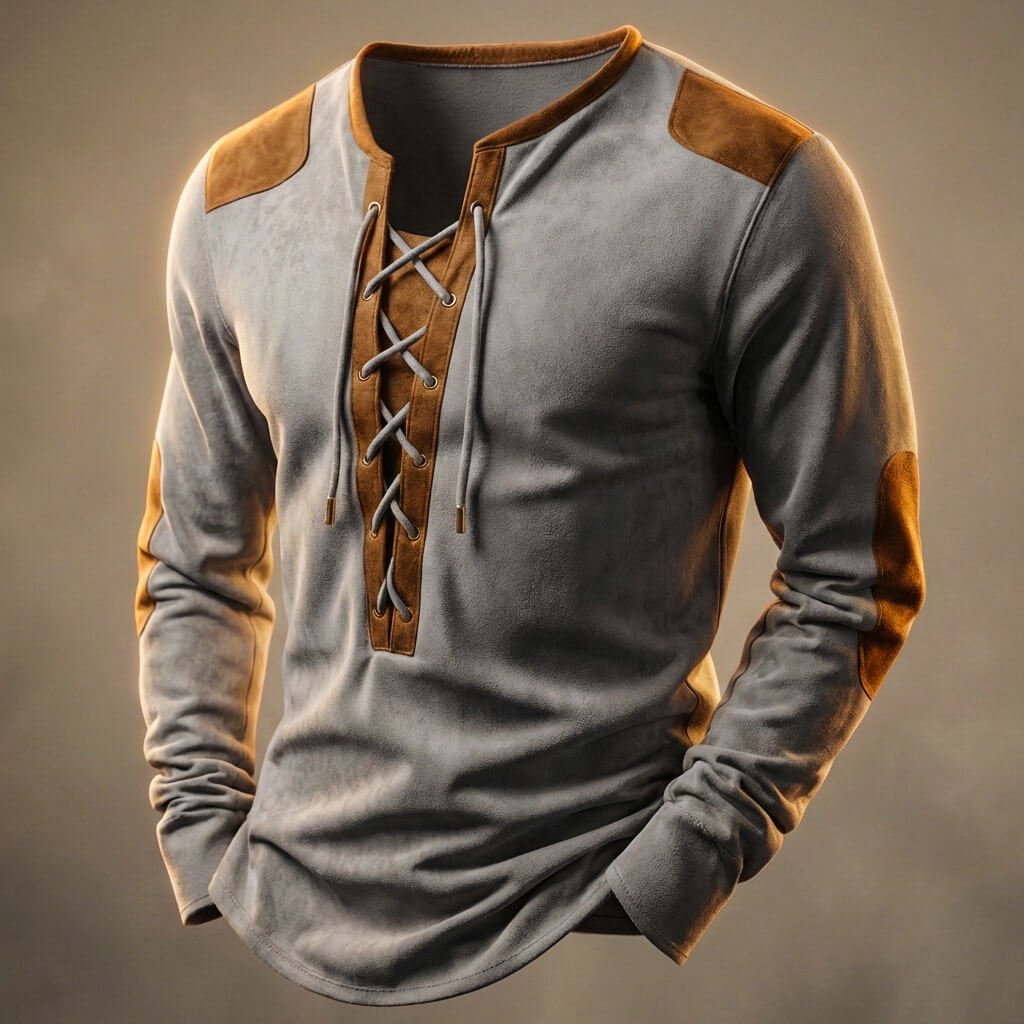 Niall | Men's Lace-Up Neck Long Sleeve Top with Suede-Look Contrast Panels