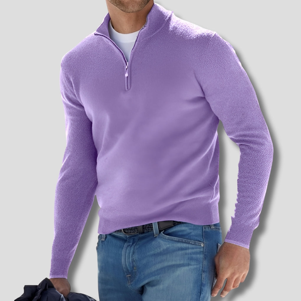 Men's Quarter Zip Knitted Sweater Classic Fit Pullover with Zip