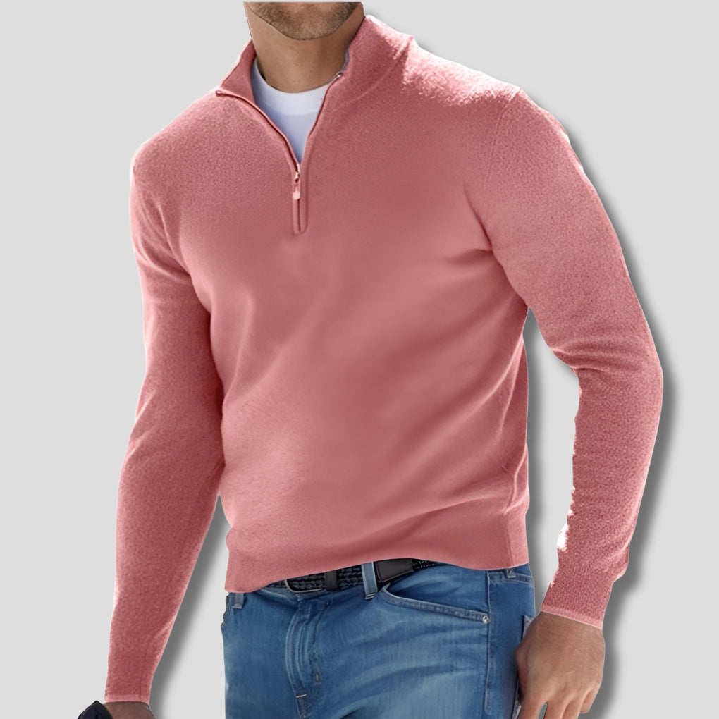 Men's Quarter Zip Knitted Sweater Classic Fit Pullover with Zip