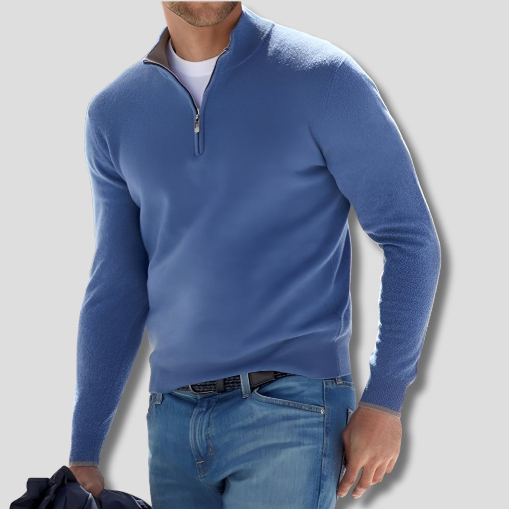 Men's Quarter Zip Knitted Sweater Classic Fit Pullover with Zip