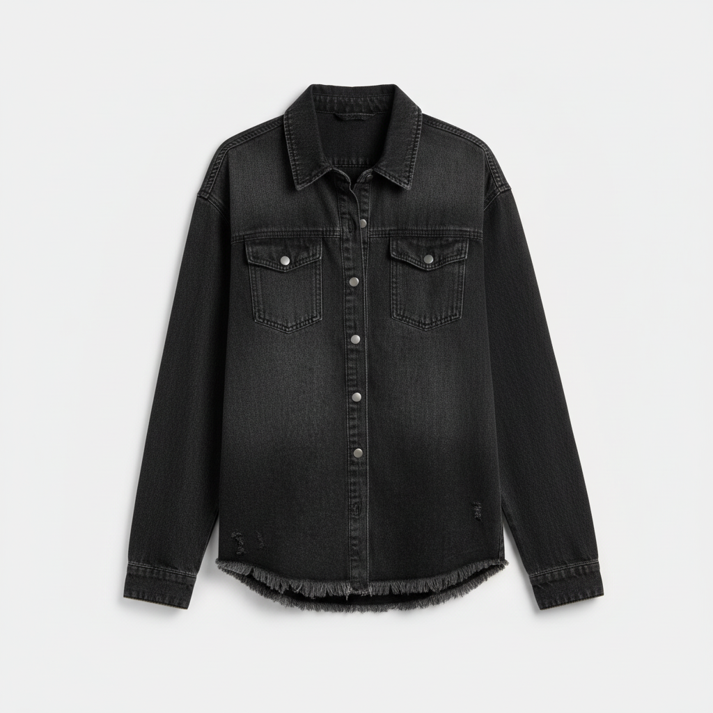 Overshirt in Cotton Denim Blend with Frayed Hem
