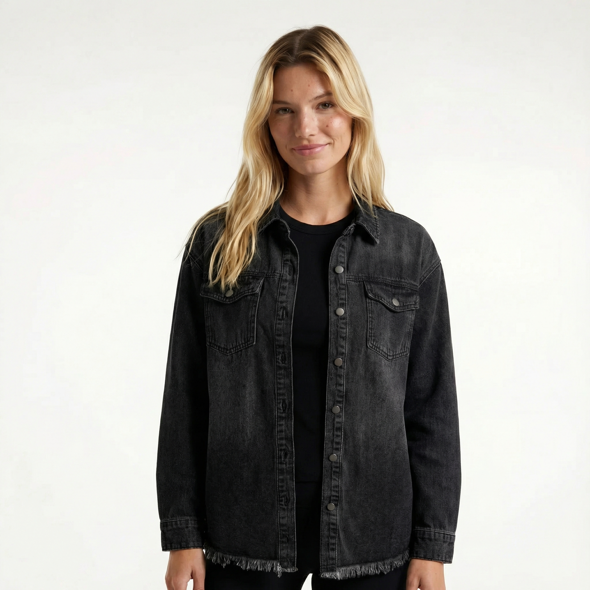 Overshirt in Cotton Denim Blend with Frayed Hem