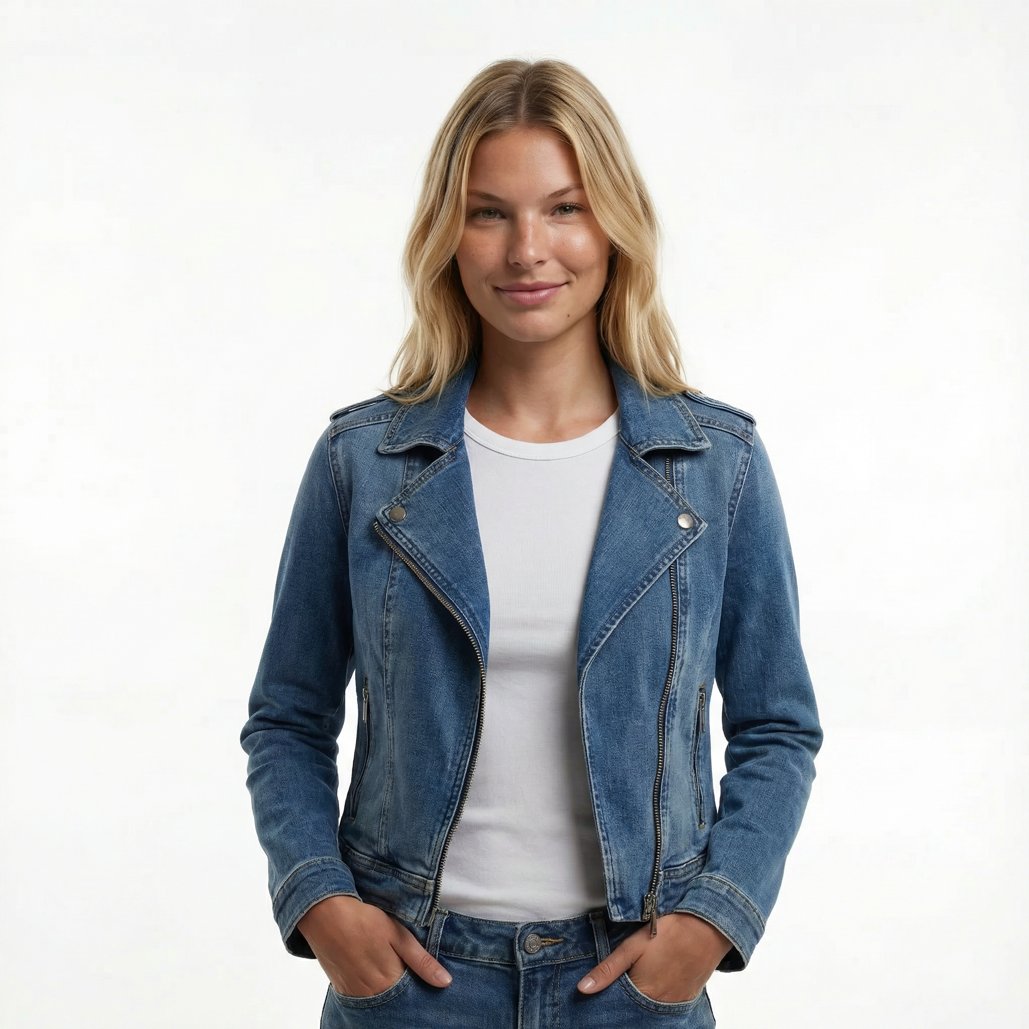 AmĂŠlie / Womenâs Cotton Denim Moto Jacket with Asymmetric Zip