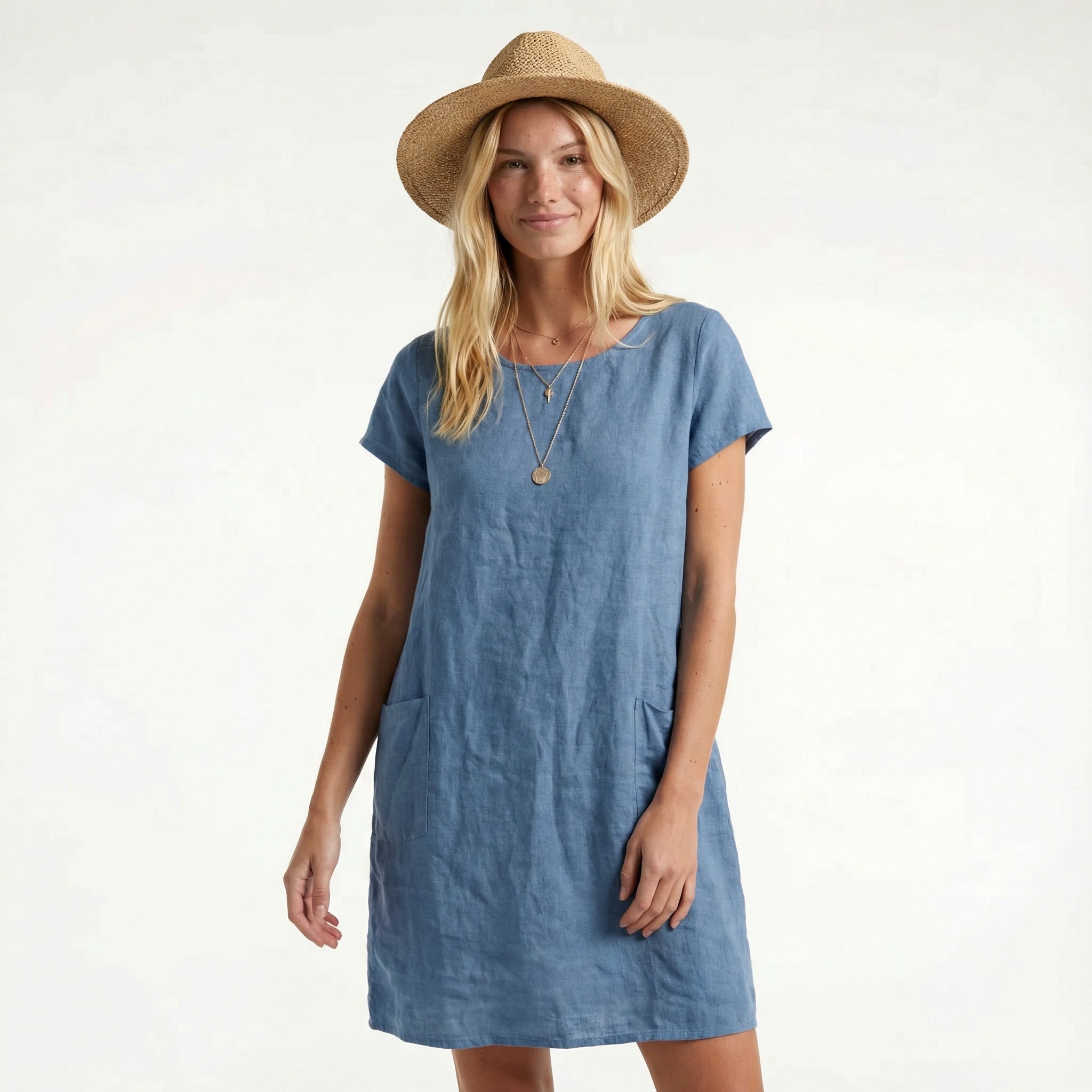 Marielle / Womenâs Short Sleeve Mini Dress with Front Pockets