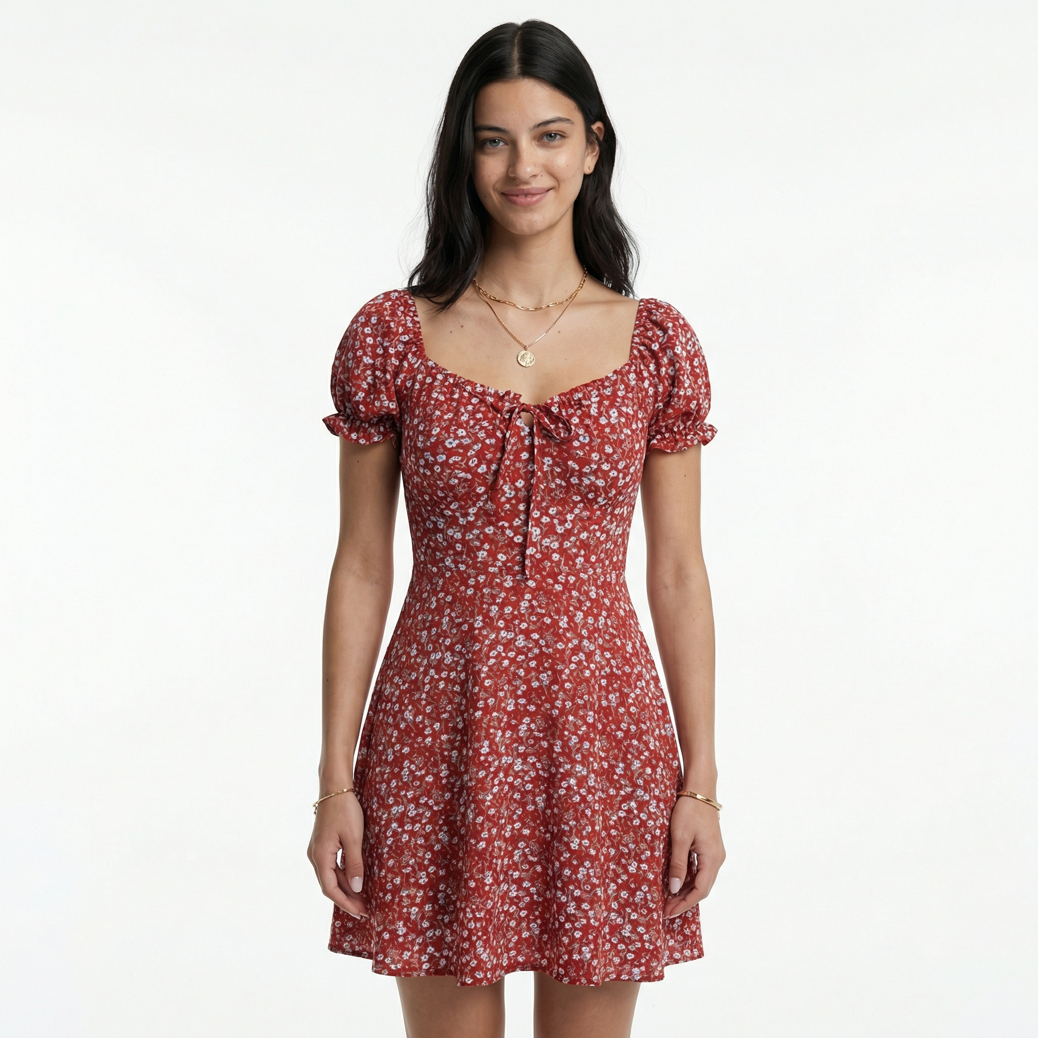 Rosaline / Womenâs Floral Mini Dress with Puff Sleeves and Front Tie