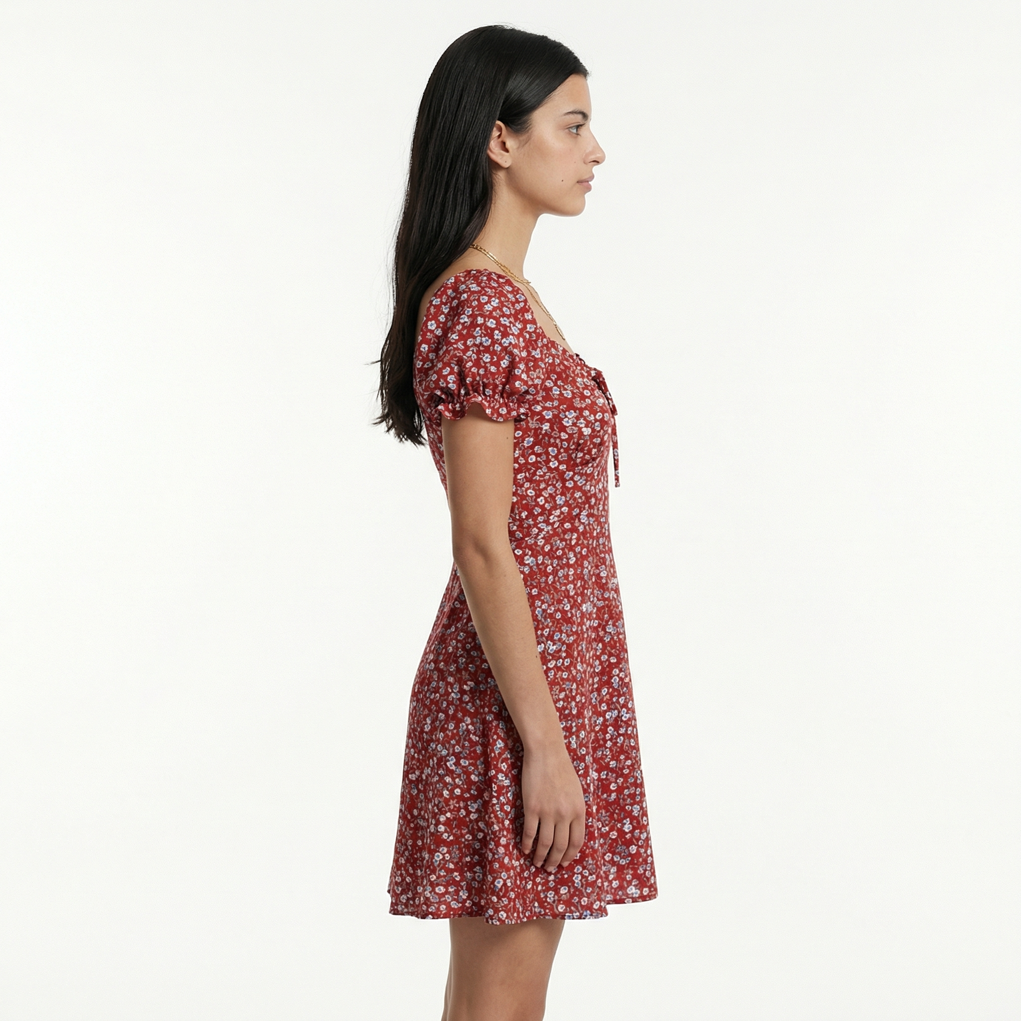Rosaline / Womenâs Floral Mini Dress with Puff Sleeves and Front Tie