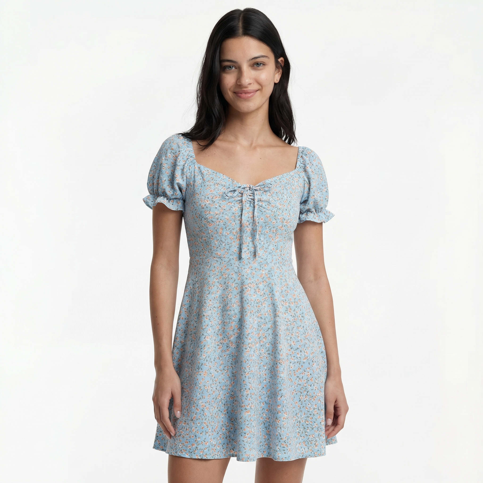 Mini Dress Floral with Puff Sleeves and Front Tie