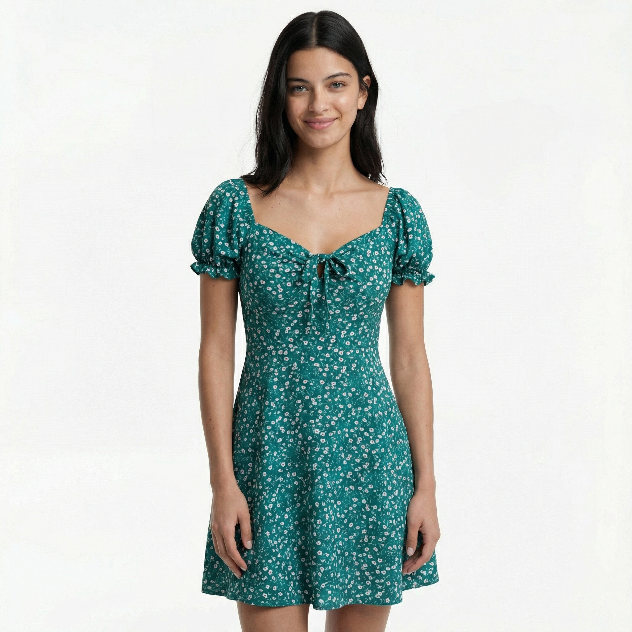 Mini Dress Floral with Puff Sleeves and Front Tie