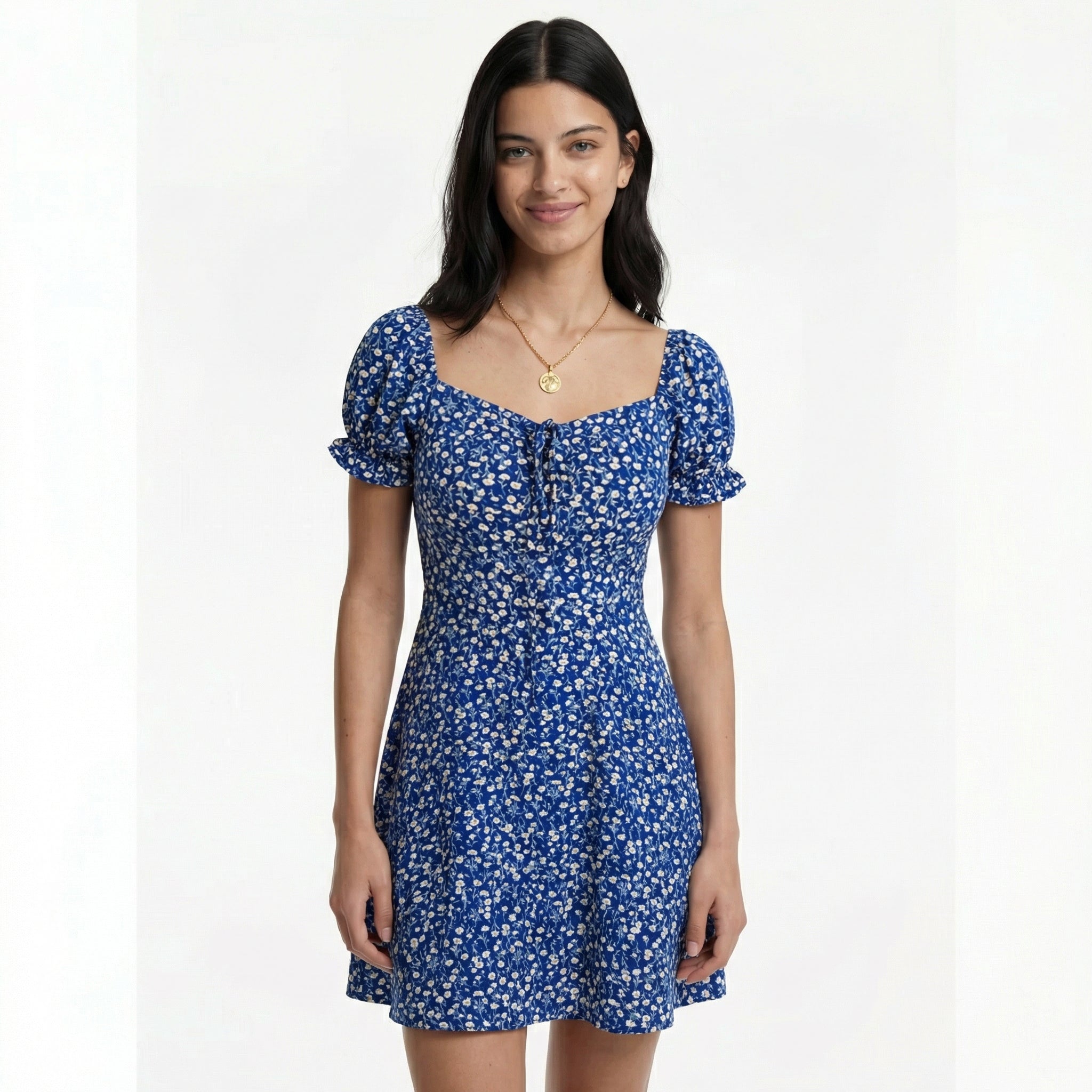 Mini Dress Floral with Puff Sleeves and Front Tie