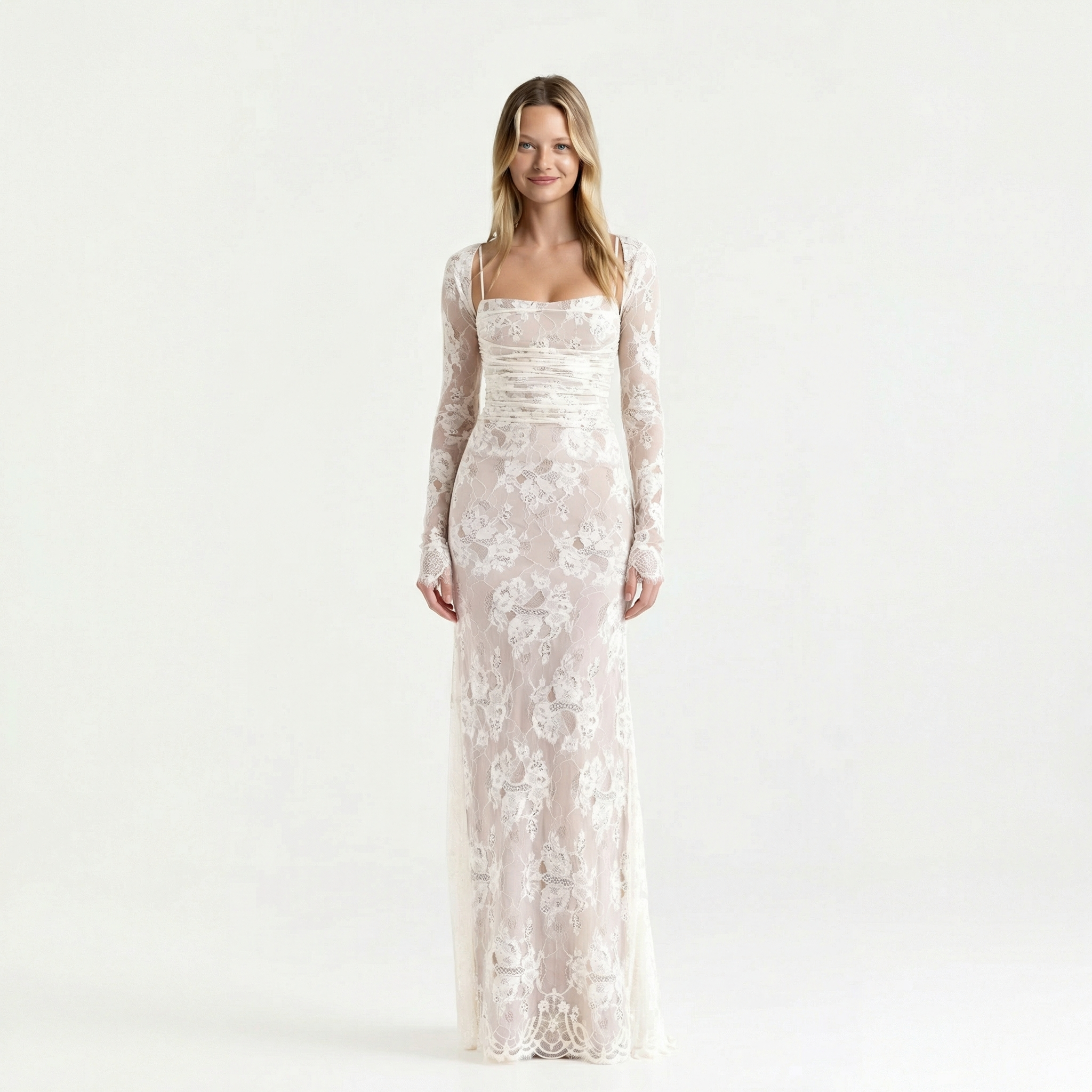 Aurelia / Womenâs Lace Maxi Dress with Sheer Long Sleeves
