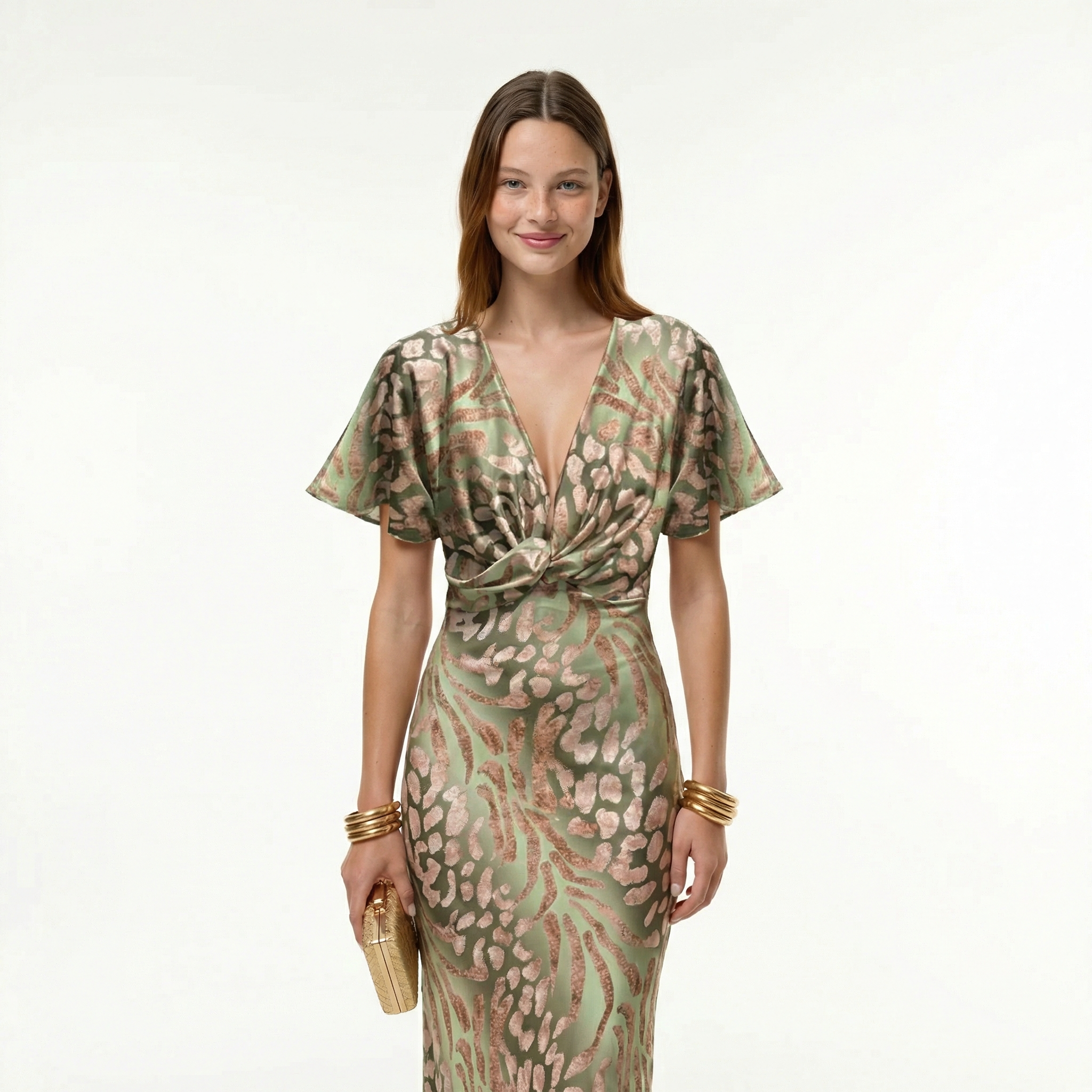 Isolde / Womenâs Printed Midi Dress with Twist Front Detail