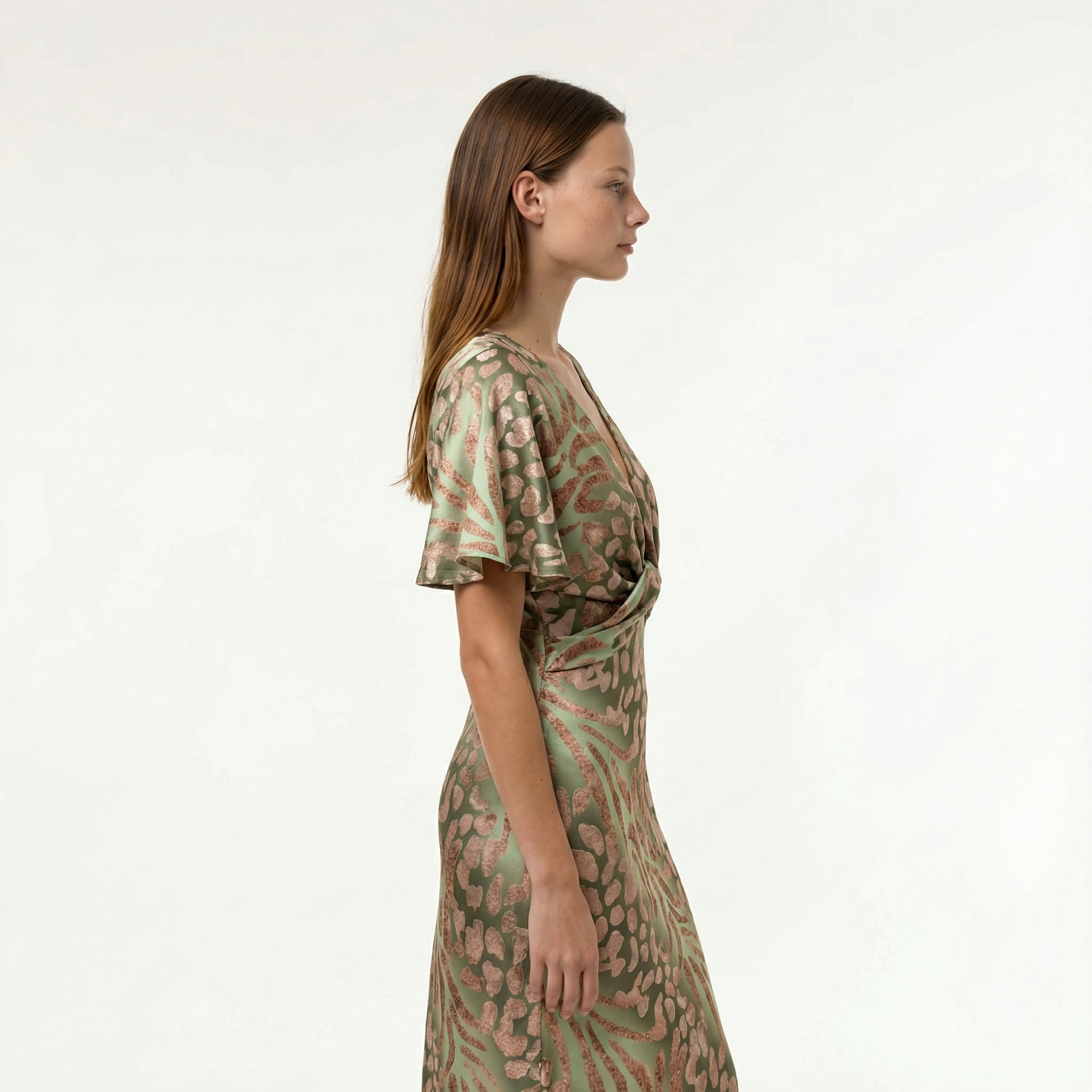 Isolde / Womenâs Printed Midi Dress with Twist Front Detail