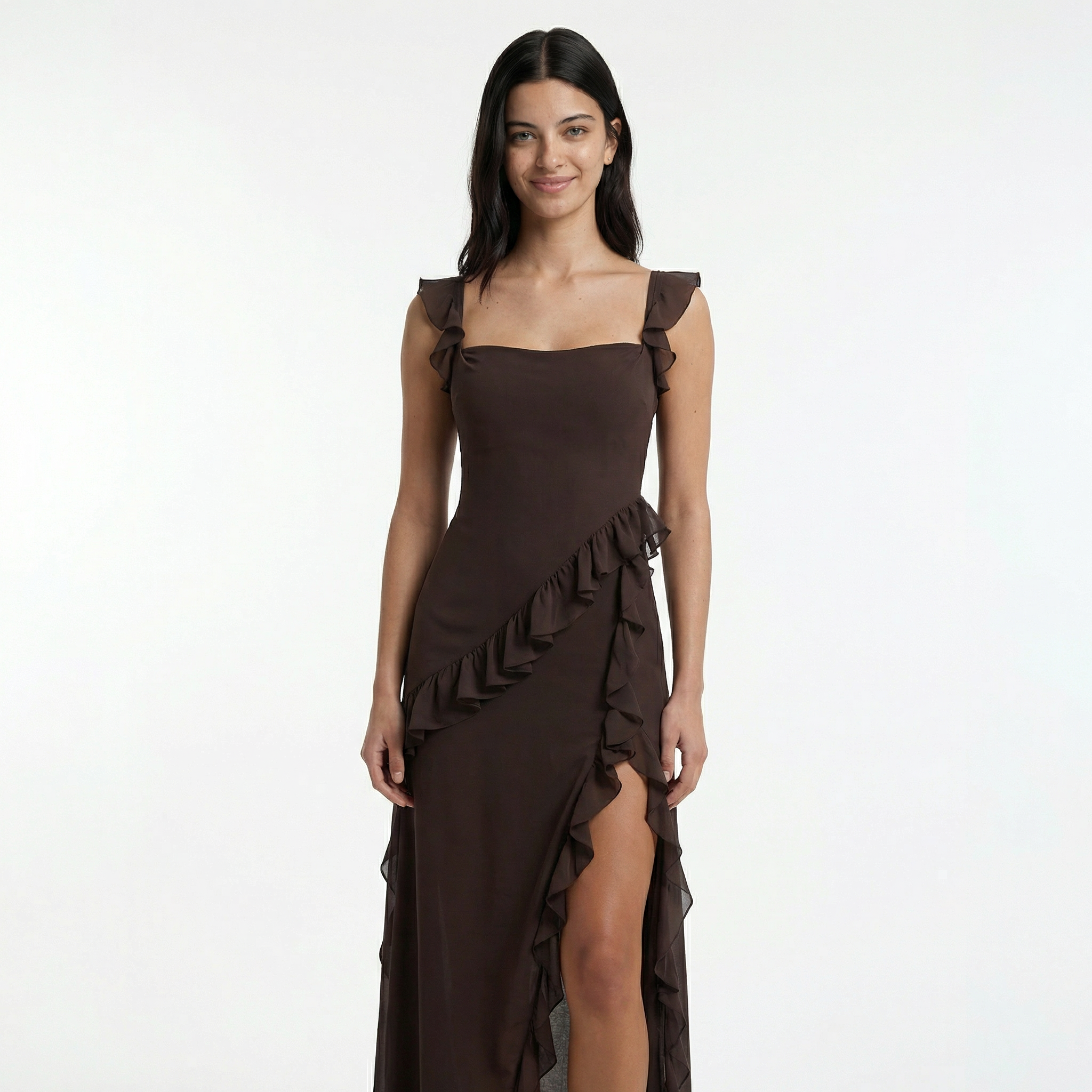 Maxi Dress with Ruffle Trim and Asymmetric Hem