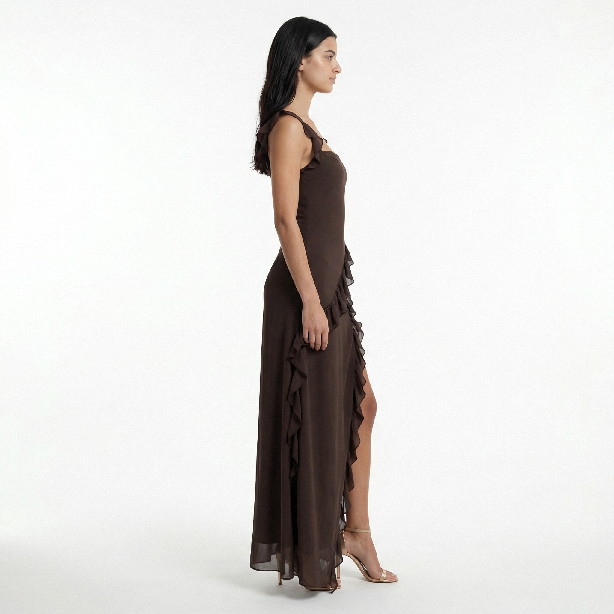 Maxi Dress with Ruffle Trim and Asymmetric Hem