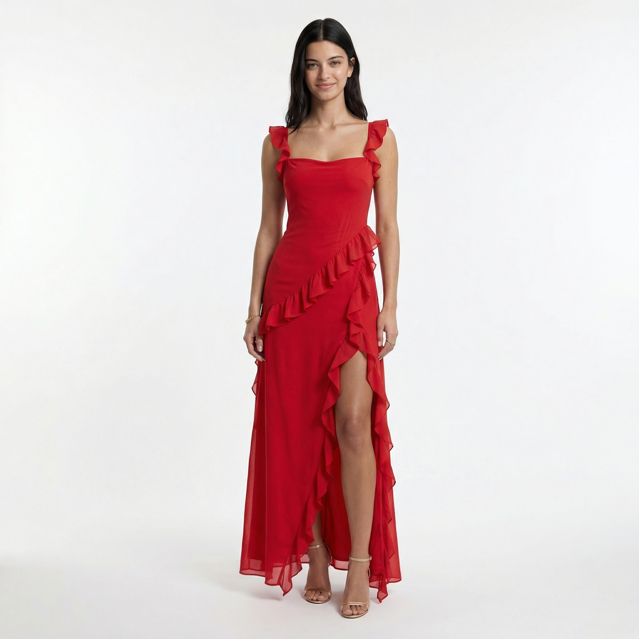 Maxi Dress with Ruffle Trim and Asymmetric Hem