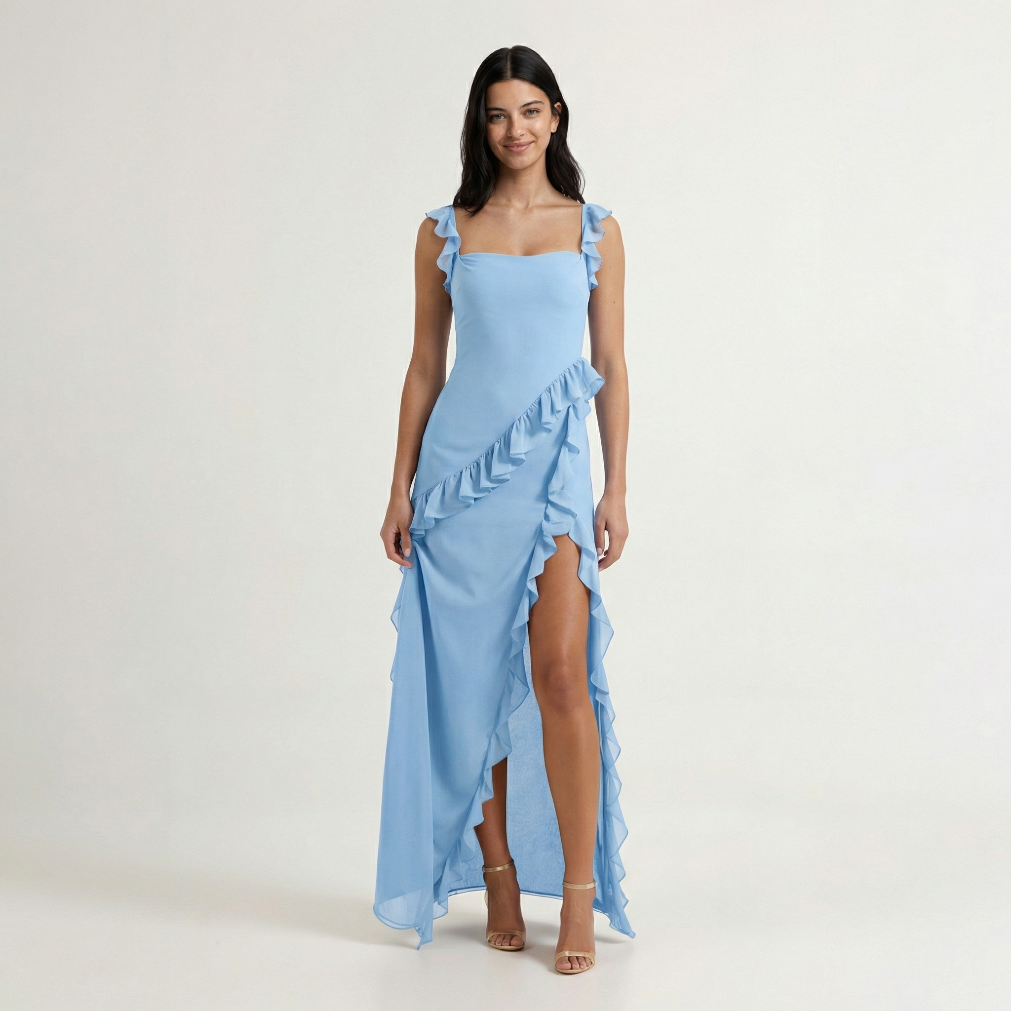Maxi Dress with Ruffle Trim and Asymmetric Hem