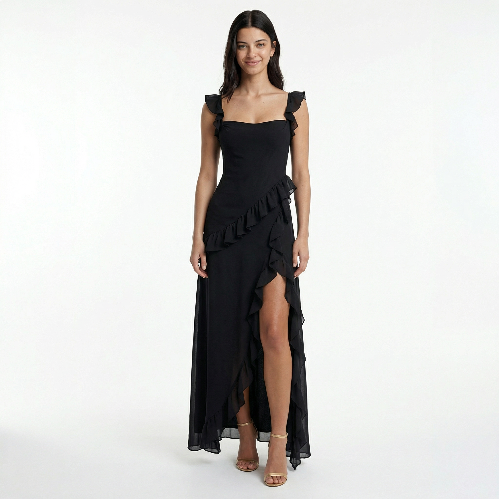 Maxi Dress with Ruffle Trim and Asymmetric Hem