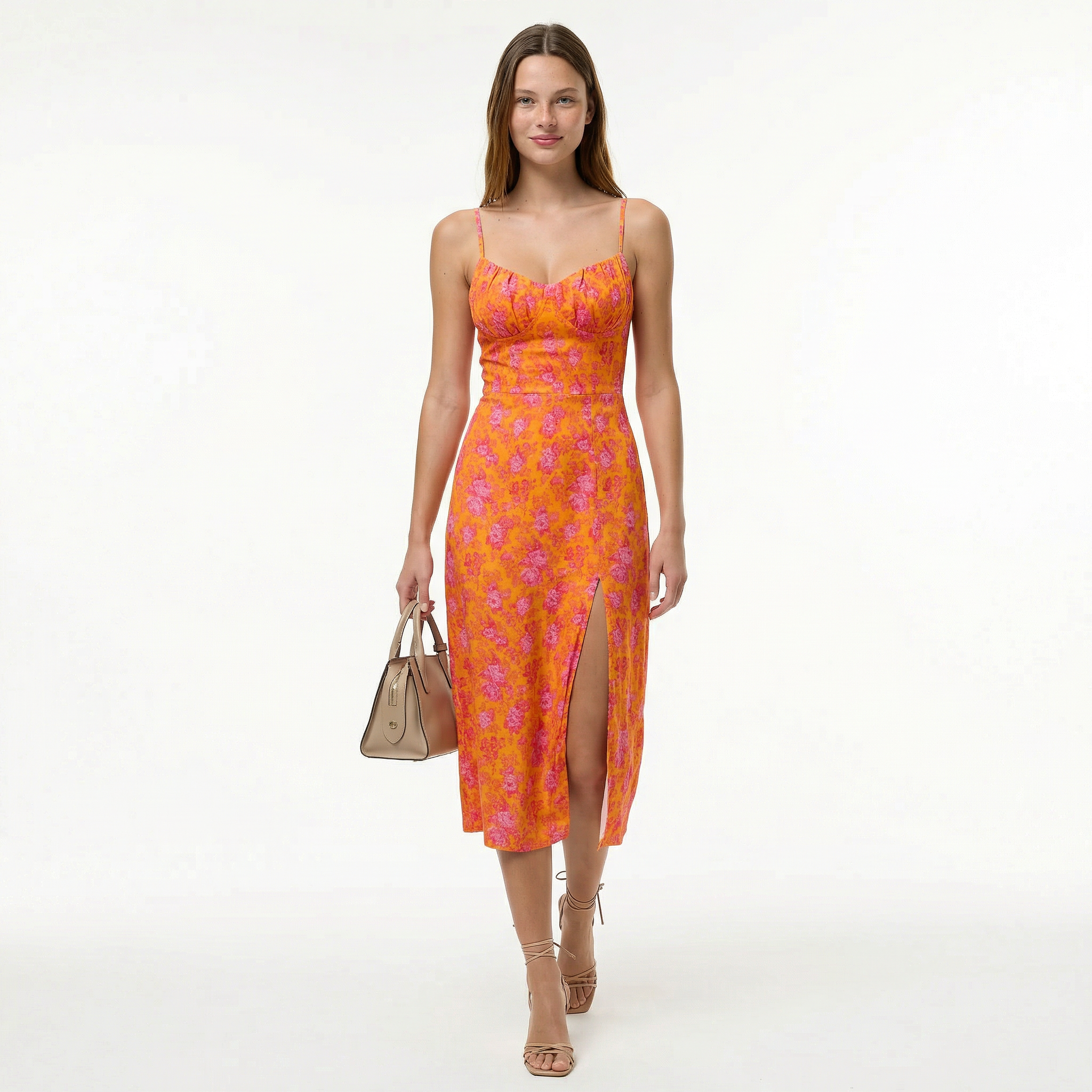 Midi Dress in Floral Print with Front Slit