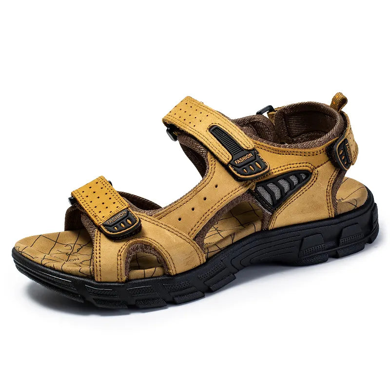 Men's Leather Sandals Open Toe Velcro Strap Cushioned Sole Outdoor