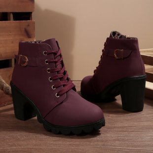 Lace Up Chunky Ankle Boots Women Faux Suede Metal Buckle Block Heel