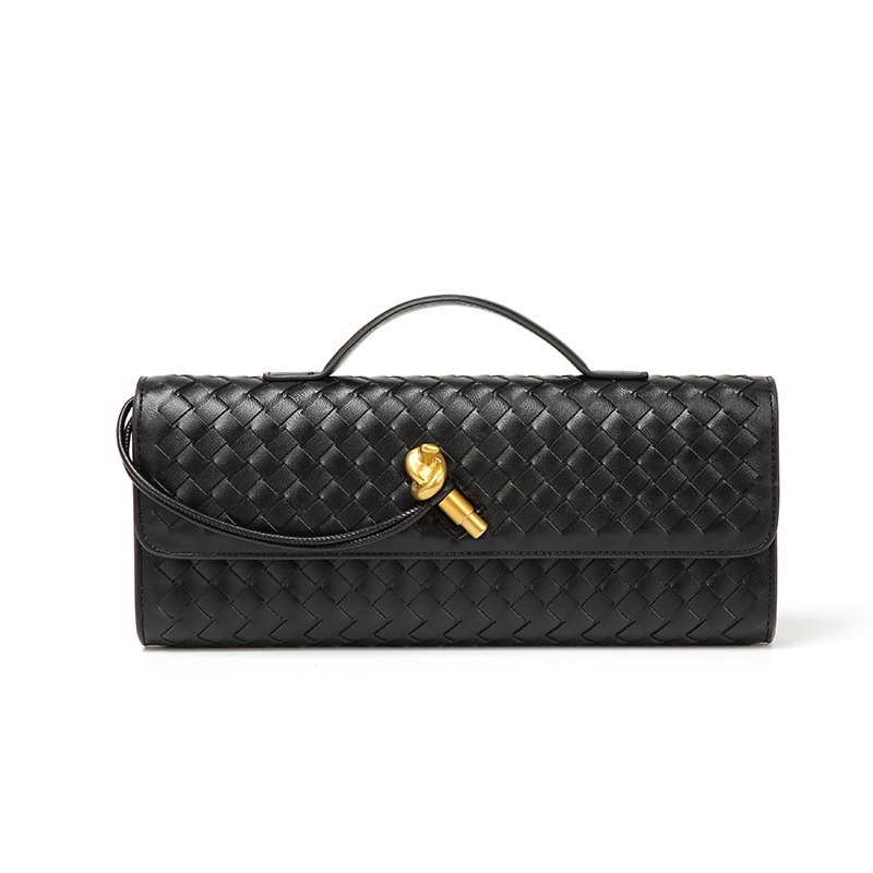 Women’s Woven Faux Leather Clutch Bag with Top Handle, Flap Closure and Metal Fastening