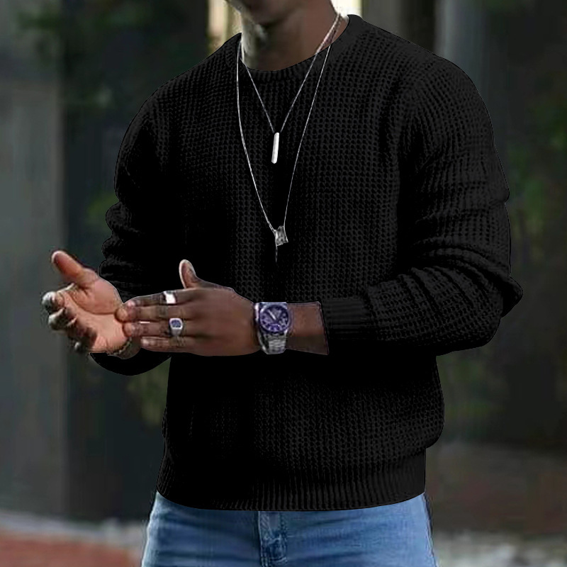 Men's Waffle Knit Crew Neck Jumper, Smart Casual Textured Pullover