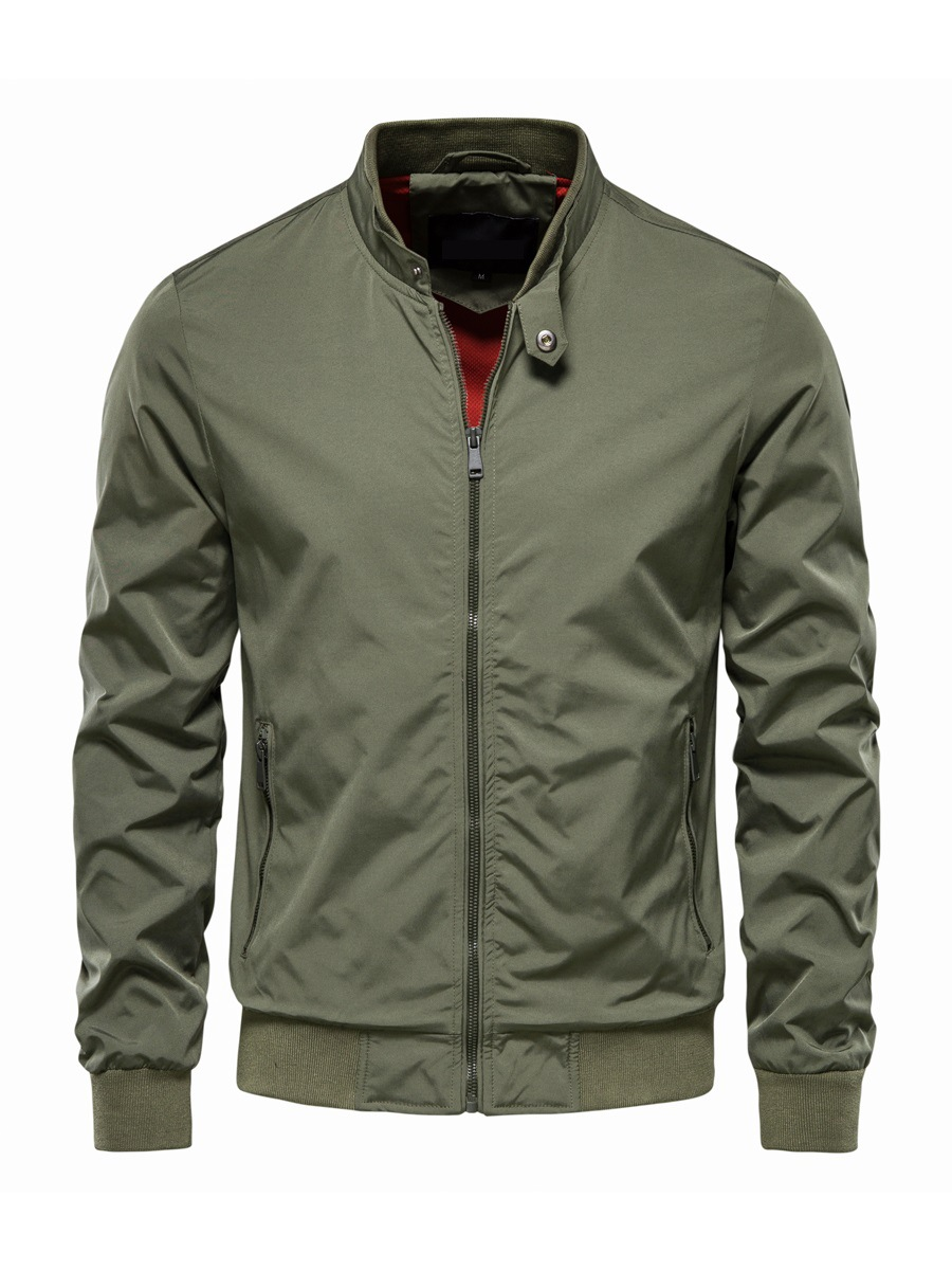 Men's Bomber Jacket with Ribbed Stand Collar and Zip Front