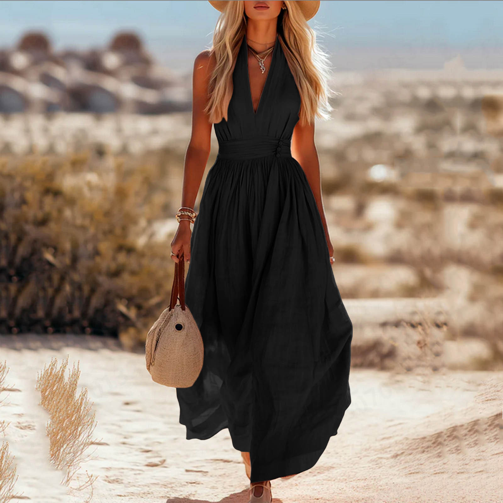 Halter Neck Maxi Dress Women Linen Blend Gathered Waist Sleeveless