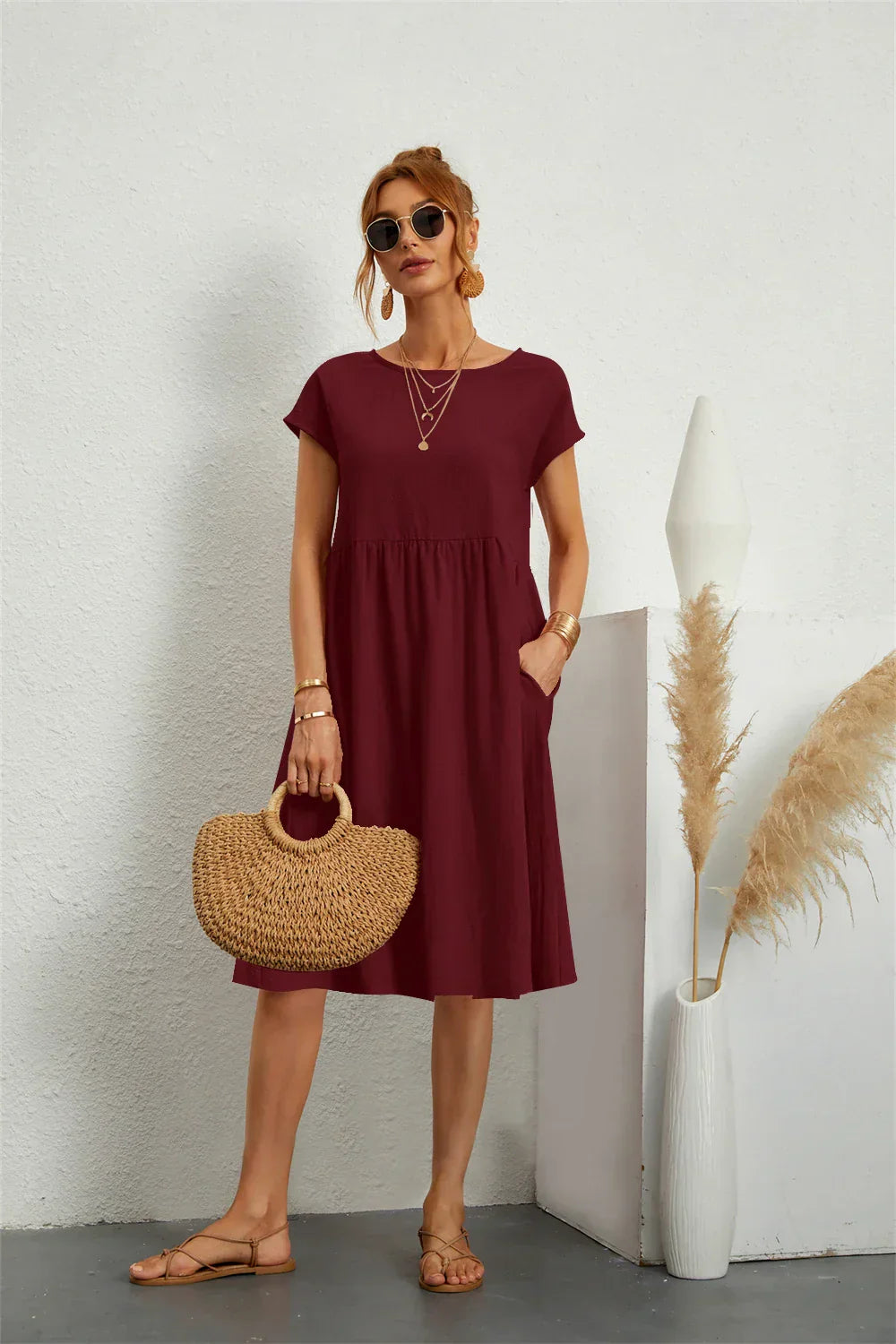Women's Midi Dress Woven Fabric Round Neck Loose Fit